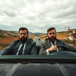 Two bearded men in business suits, looking dejected and solemn, are driving a sleek car through the serene rural landscape of Spain