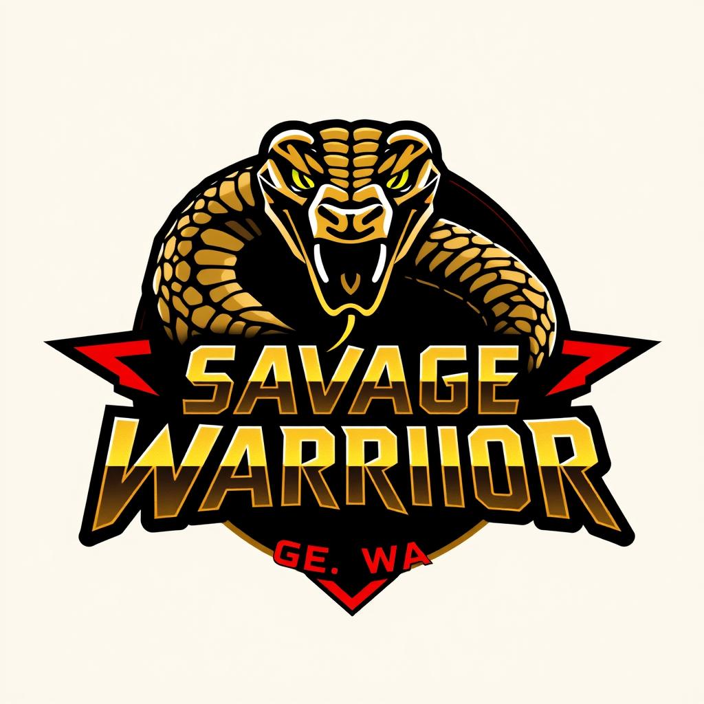 A stylized logo inspired by the Cobra Kai franchise, featuring a fierce and bold snake wrapped around the text 'SAVAGE WARRIOR'