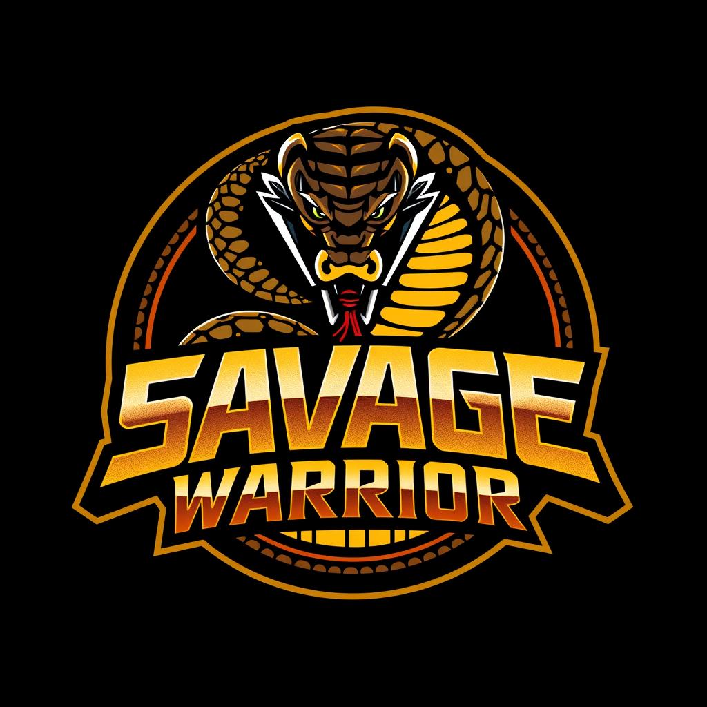 A stylized logo inspired by the Cobra Kai franchise, featuring a fierce and bold snake wrapped around the text 'SAVAGE WARRIOR'