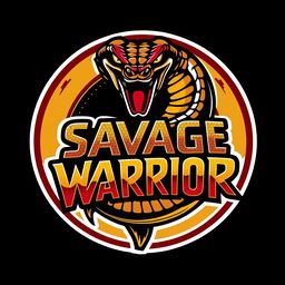 A stylized logo inspired by the Cobra Kai franchise, featuring a fierce and bold snake wrapped around the text 'SAVAGE WARRIOR'