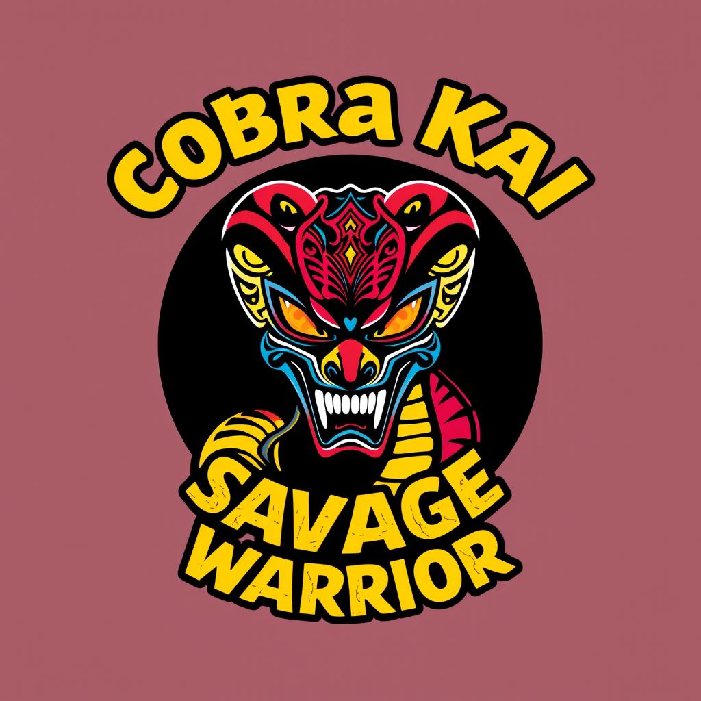 A vibrant, striking design featuring the Cobra Kai logo prominently displayed, with the text 'SAVAGE WARRIOR' incorporated in bold, dynamic typography