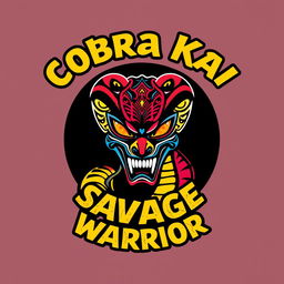 A vibrant, striking design featuring the Cobra Kai logo prominently displayed, with the text 'SAVAGE WARRIOR' incorporated in bold, dynamic typography