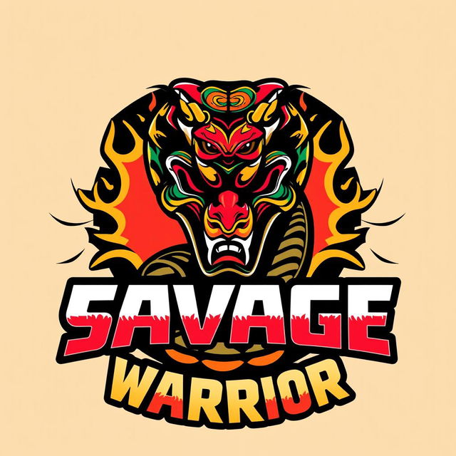 A vibrant, striking design featuring the Cobra Kai logo prominently displayed, with the text 'SAVAGE WARRIOR' incorporated in bold, dynamic typography