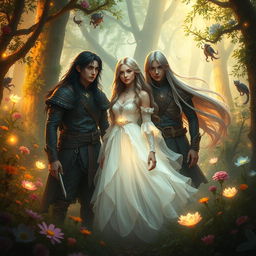 A captivating fantasy scene featuring two young men with dark long hair, dressed in mystical attire, exuding a sense of adventure and camaraderie