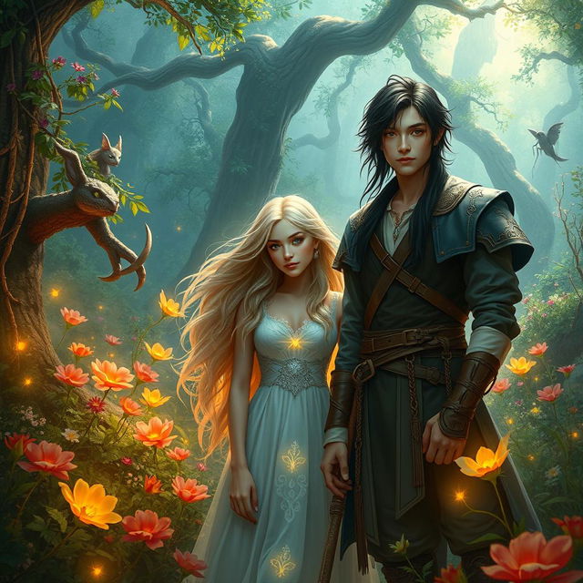 A captivating fantasy scene featuring two young men with dark long hair, dressed in mystical attire, exuding a sense of adventure and camaraderie