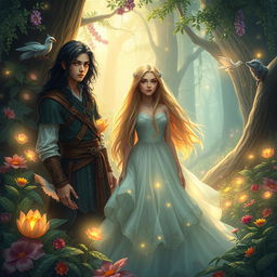 A captivating fantasy scene featuring two young men with dark long hair, dressed in mystical attire, exuding a sense of adventure and camaraderie