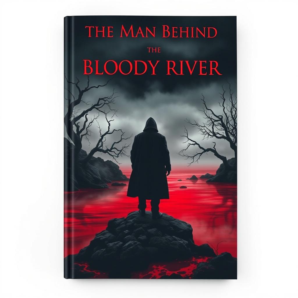 A mysterious book cover for 'The Man Behind the Bloody River'