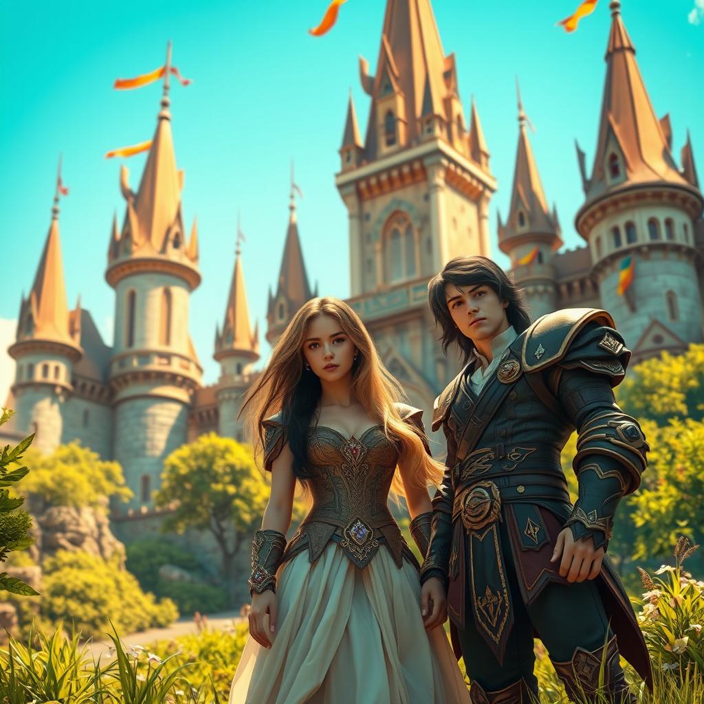 In a fantasy setting, two young men with long dark hair are standing confidently next to a young woman with vibrant blonde hair