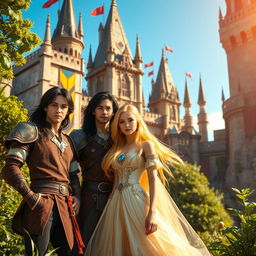 In a fantasy setting, two young men with long dark hair are standing confidently next to a young woman with vibrant blonde hair