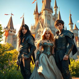 In a fantasy setting, two young men with long dark hair are standing confidently next to a young woman with vibrant blonde hair