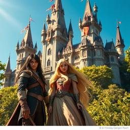 In a fantasy setting, two young men with long dark hair are standing confidently next to a young woman with vibrant blonde hair