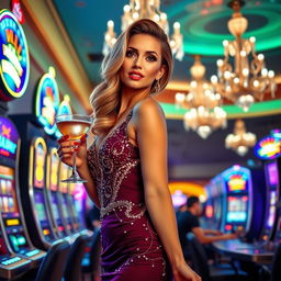 A glamorous woman in a dazzling casino setting, dressed in an elegant evening gown with sparkling sequins, her hair styled in soft waves cascading down her shoulders