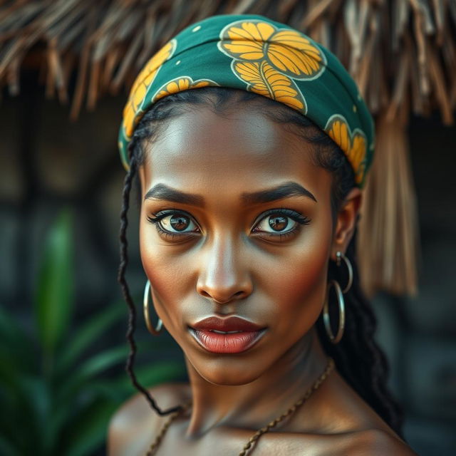 A stunning 25-year-old woman from Madagascar, characterized by her captivating large eyes and sensuous face