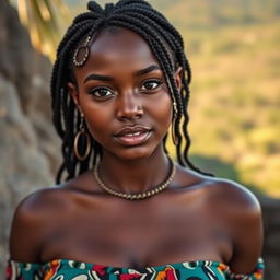 A stunning 25-year-old woman from Madagascar, characterized by her captivating large eyes and sensuous face