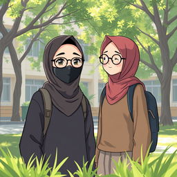 Aysah, a small-bodied Muslim girl with glasses, wearing a black mask and a hijab, is cheerful but often considered strange