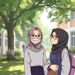 Aysah, a small-bodied Muslim girl with glasses, wearing a black mask and a hijab, is cheerful but often considered strange