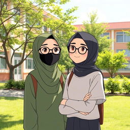 Aysah, a small-bodied Muslim girl with glasses, wearing a black mask and a hijab, is cheerful but often considered strange