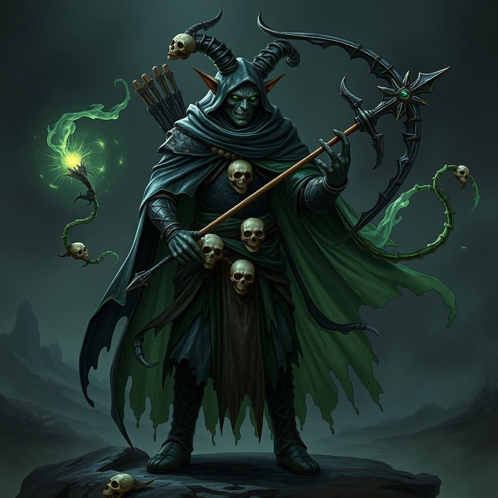 An abyssal tiefling hexblade warlock standing confidently, holding a bow intricately crafted from skulls