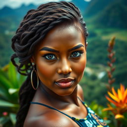 A beautiful 25-year-old woman from Madagascar, characterized by her alluring large eyes and sensuous facial features