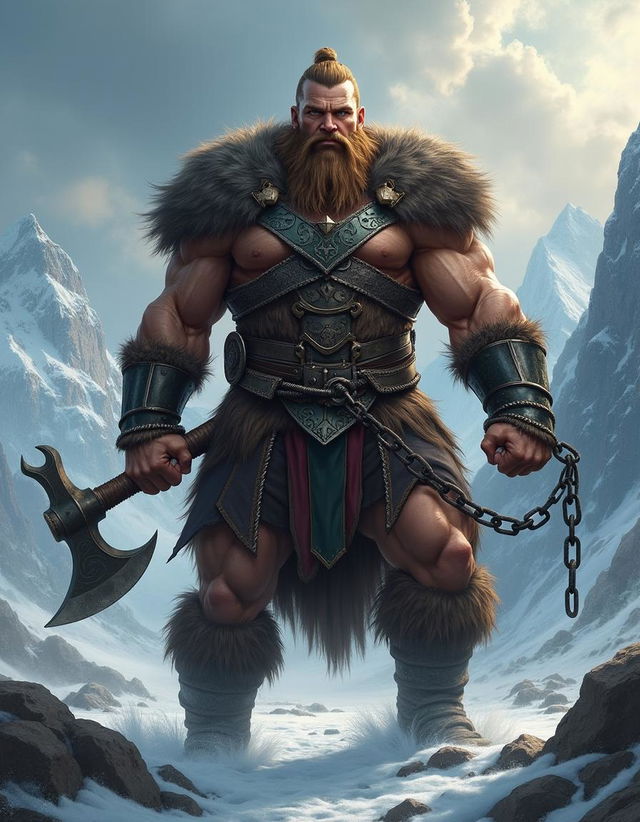 A powerful Viking warrior with big, strong muscles, holding a battleaxe in one hand and a chain whip in the other