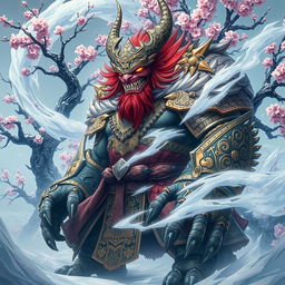 A final boss character inspired by the fusion of Russian and Japanese folklore, combining elements such as a powerful spirit surrounded by swirling snow and cherry blossoms