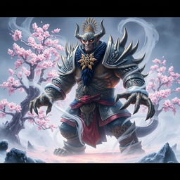 A final boss character inspired by the fusion of Russian and Japanese folklore, combining elements such as a powerful spirit surrounded by swirling snow and cherry blossoms