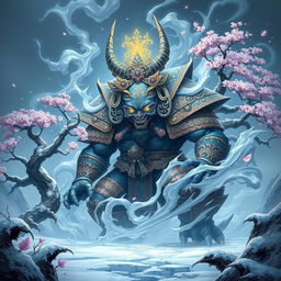 A final boss character inspired by the fusion of Russian and Japanese folklore, combining elements such as a powerful spirit surrounded by swirling snow and cherry blossoms