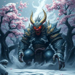 A final boss character inspired by the fusion of Russian and Japanese folklore, combining elements such as a powerful spirit surrounded by swirling snow and cherry blossoms