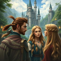 A fantasy scene set in a majestic castle, featuring men with different hairstyles: one man has a brown ponytail and another has dark hair styled in a braid