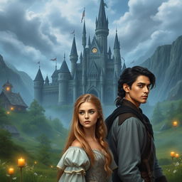 A fantasy scene set in a majestic castle, featuring men with different hairstyles: one man has a brown ponytail and another has dark hair styled in a braid