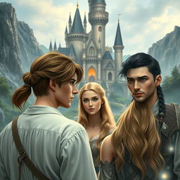 A fantasy scene set in a majestic castle, featuring men with different hairstyles: one man has a brown ponytail and another has dark hair styled in a braid