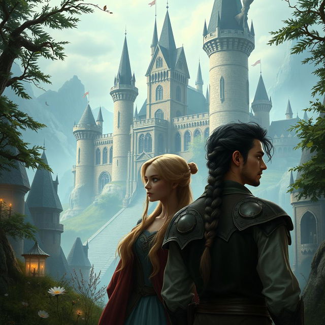 A fantasy scene set in a majestic castle, featuring men with different hairstyles: one man has a brown ponytail and another has dark hair styled in a braid