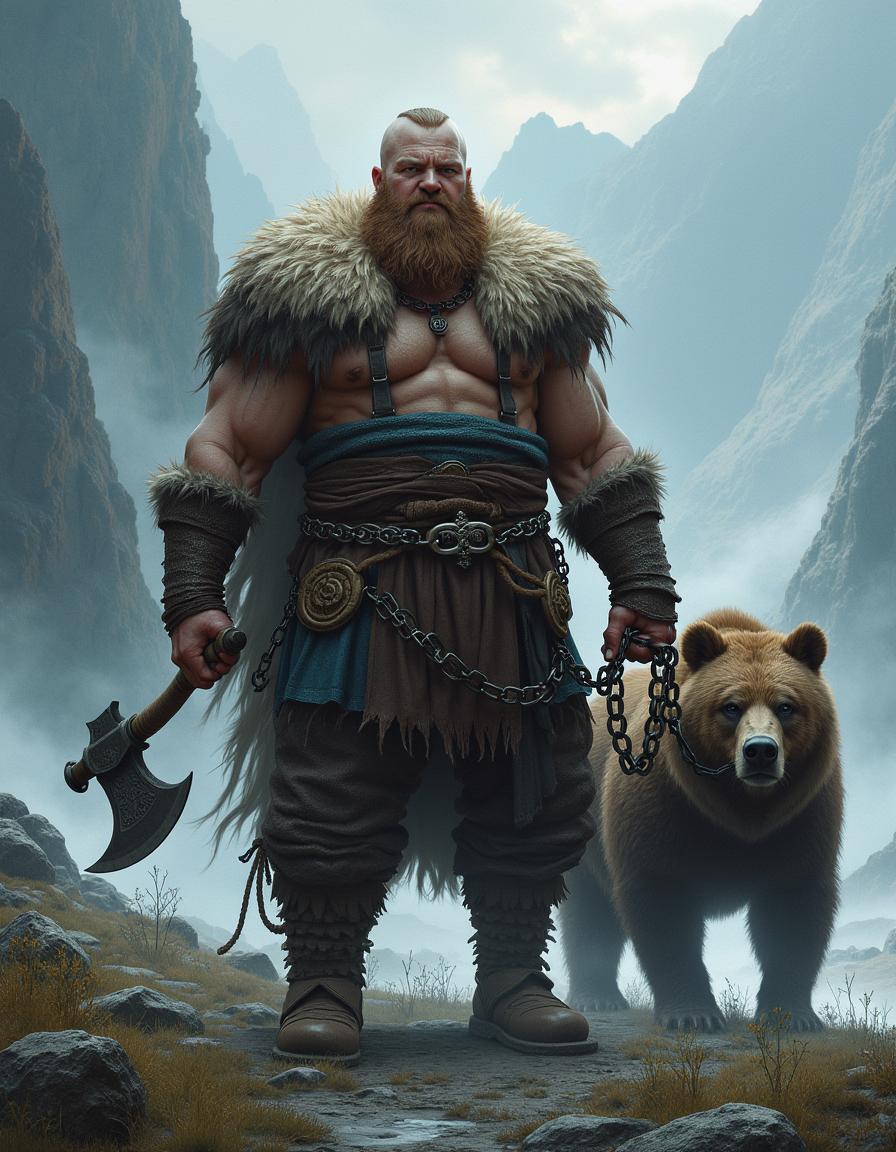 A powerful Viking warrior with big, strong muscles, holding a battleaxe in one hand and a chain whip in the other