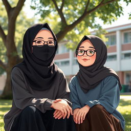 Aysah, a small-bodied Muslim girl with glasses, wearing a black mask and a hijab, is cheerful but often considered strange, feeling isolated from elementary to junior high school