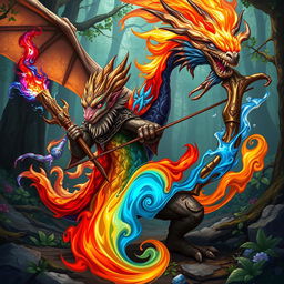 An elemental echidna DnD character known as Drake Warden, depicted with vibrant, swirling elemental colors representing fire, water, earth, and air