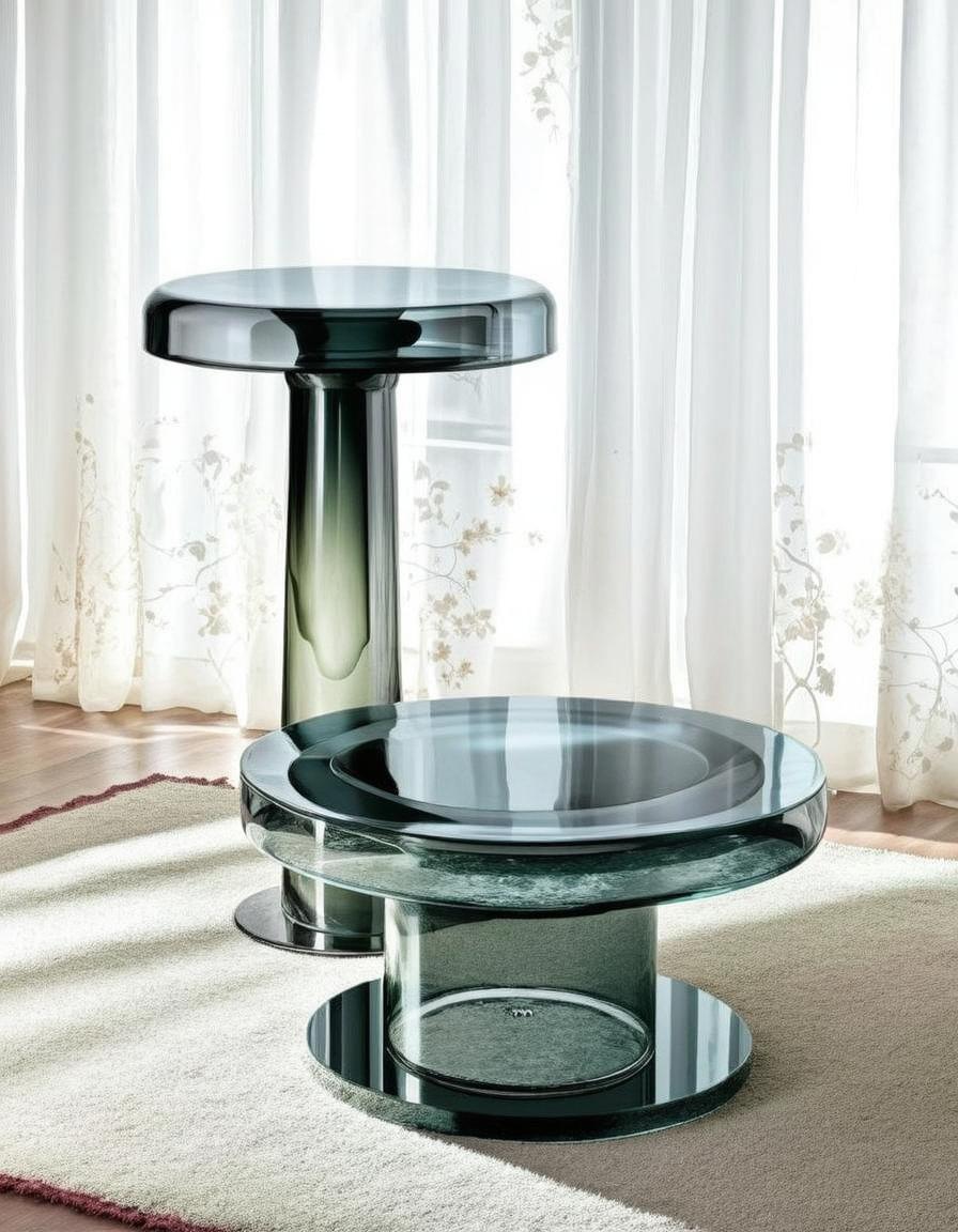 A stylish modern interior showcasing two unique glass side tables with artistic designs