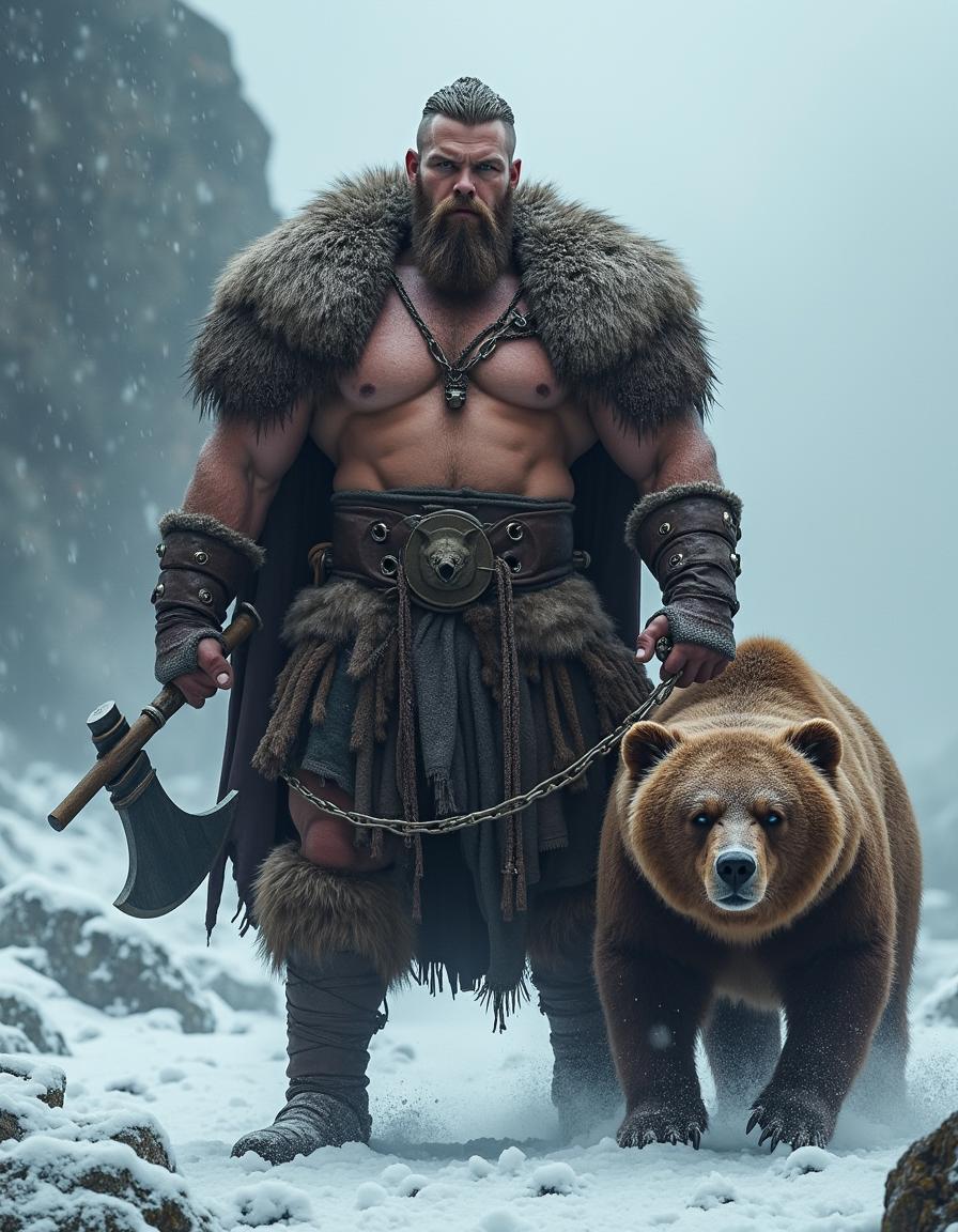 A powerful Viking warrior with big, strong muscles and a bare chest, gripping a battleaxe in one hand and a chain whip in the other