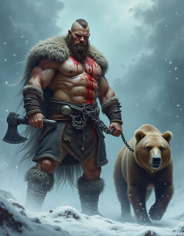 A fierce Viking warrior with big, strong muscles and a bare chest, gripping a battleaxe in one hand and a chain whip in the other