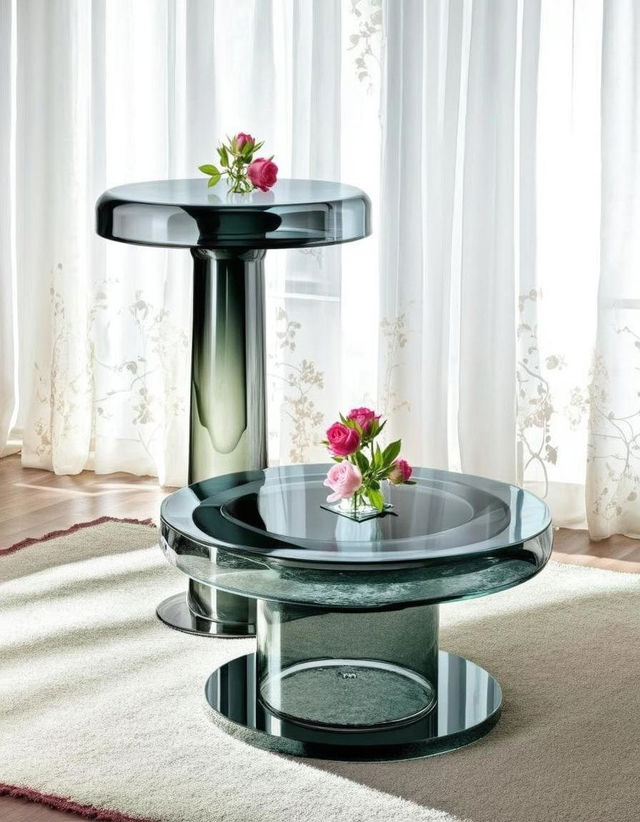 A chic interior scene showcasing two artistic glass tables with distinct, sculptural designs