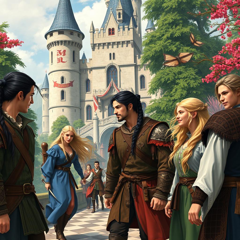 A vibrant fantasy scene set in front of a majestic castle, featuring several European men with long dark ponytail hair and dark hair styled in braids