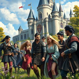 A vibrant fantasy scene set in front of a majestic castle, featuring several European men with long dark ponytail hair and dark hair styled in braids