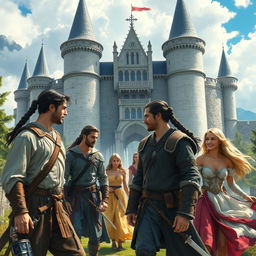 A vibrant fantasy scene set in front of a majestic castle, featuring several European men with long dark ponytail hair and dark hair styled in braids