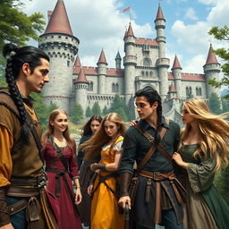 A vibrant fantasy scene set in front of a majestic castle, featuring several European men with long dark ponytail hair and dark hair styled in braids