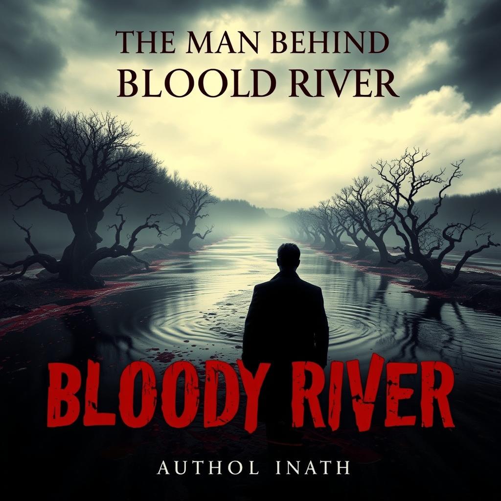 A mysterious book cover for 'The Man Behind the Bloody River', featuring an unidentified man in shadow on the far side of a dark, flowing river of blood