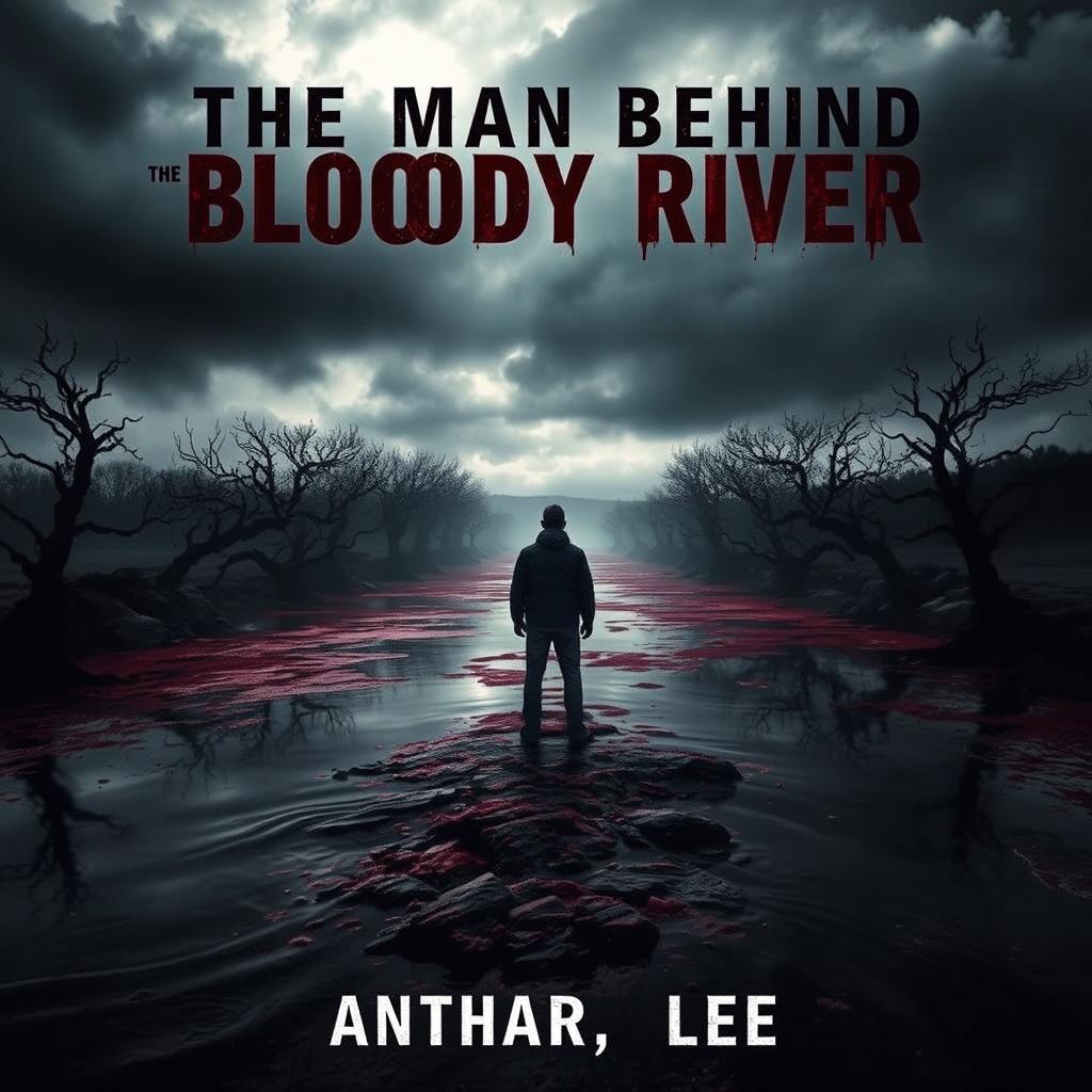 A mysterious book cover for 'The Man Behind the Bloody River', featuring an unidentified man in shadow on the far side of a dark, flowing river of blood