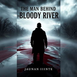 A mysterious book cover for 'The Man Behind the Bloody River', featuring an unidentified man in shadow on the far side of a dark, flowing river of blood