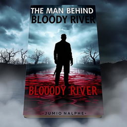 A mysterious book cover for 'The Man Behind the Bloody River', featuring an unidentified man in shadow on the far side of a dark, flowing river of blood