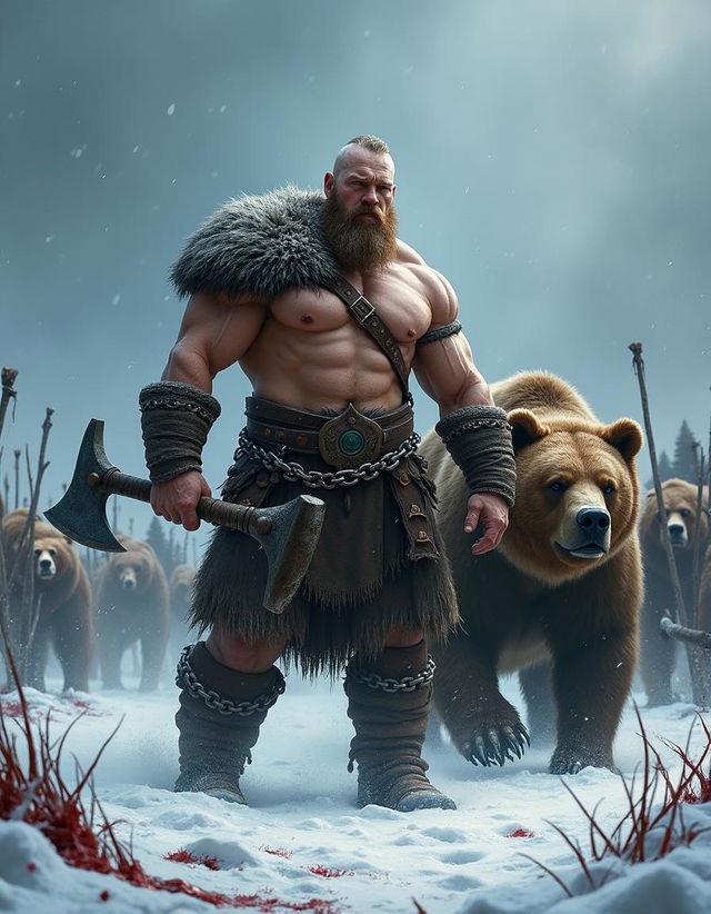 A formidable Viking warrior with big, strong muscles and a bare chest, gripping a battleaxe in one hand and a chain whip in the other