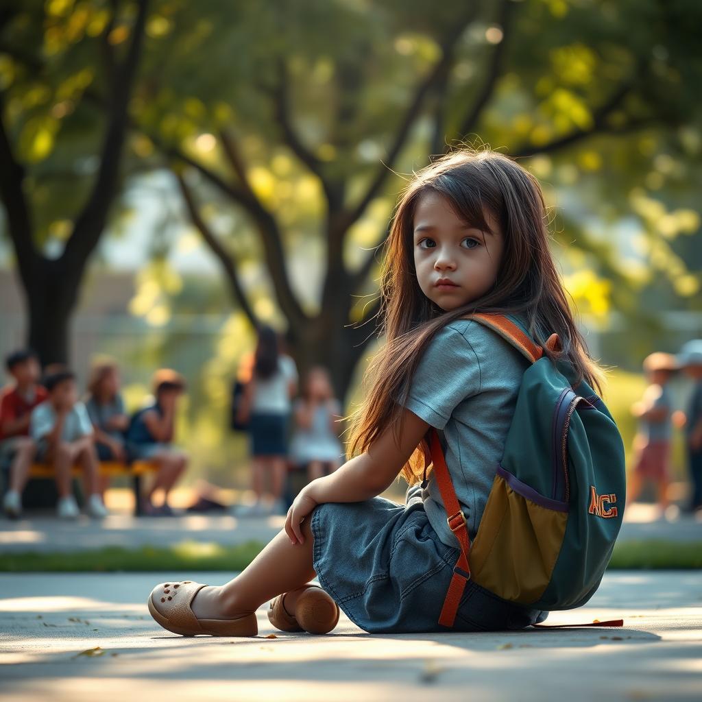 A poignant depiction of a young girl sitting alone in a schoolyard, looking contemplative and sad