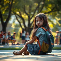 A poignant depiction of a young girl sitting alone in a schoolyard, looking contemplative and sad